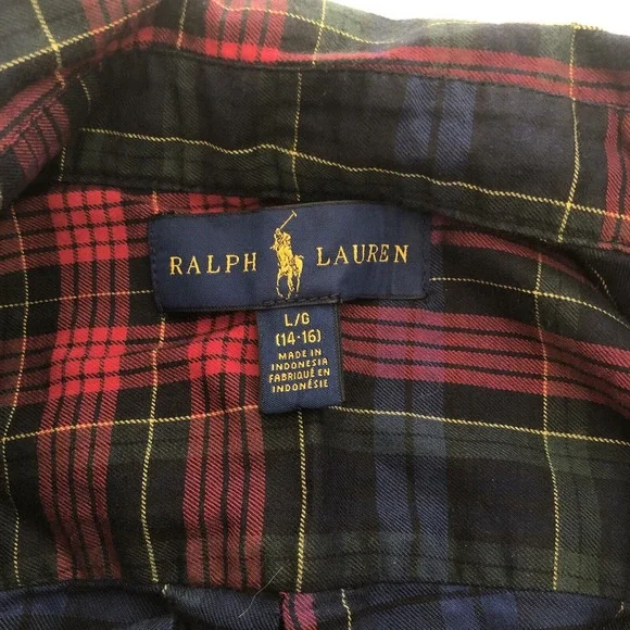 Ralph Lauren Boys Madras Plaid (Red, Blue, Green) Long Sleeve Button-Up - Sz L/G - Picture 10 of 15
